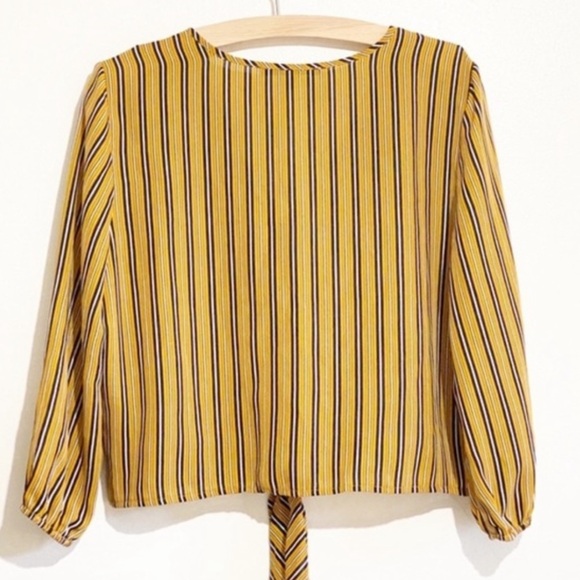 Daisy May mustard yellow and black vertical striped cropped front tie blouse - Picture 2 of 7